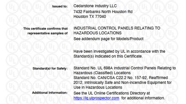 UL Certificate Industrial Control Panels Relating to Hazardous Locations