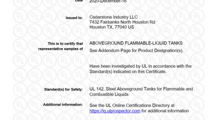 UL Certificate for Above Ground Flammable Liquid Tanks